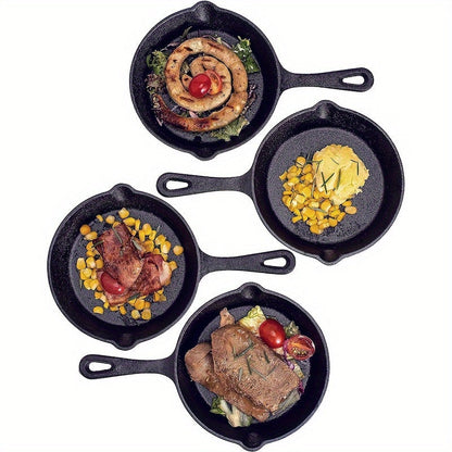 Set of 4 premium black, pre-seasoned cast iron frying pans - includes oven safe skillet, grill pan, nonstick cookware and bakeware perfect for casserole dish cooking in the fall season.