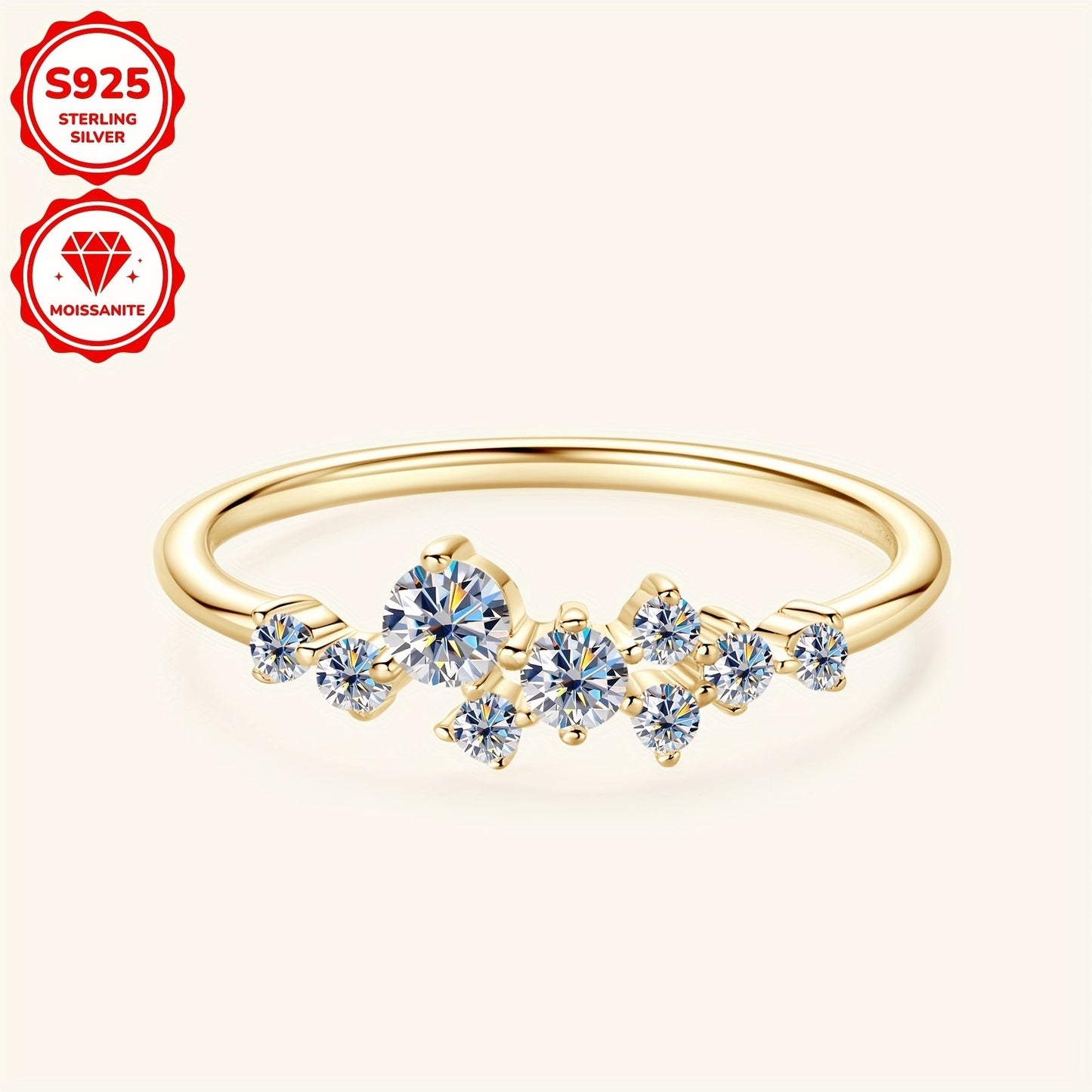 This delicate and stylish engagement ring for women is made of 925 silver and adorned with synthetic Moissanite stones. The ring features one 3mm stone, one 2.5mm stone, two 1.8mm stones, and five 1.6mm stones, totaling 0.3 carats. It is perfect for