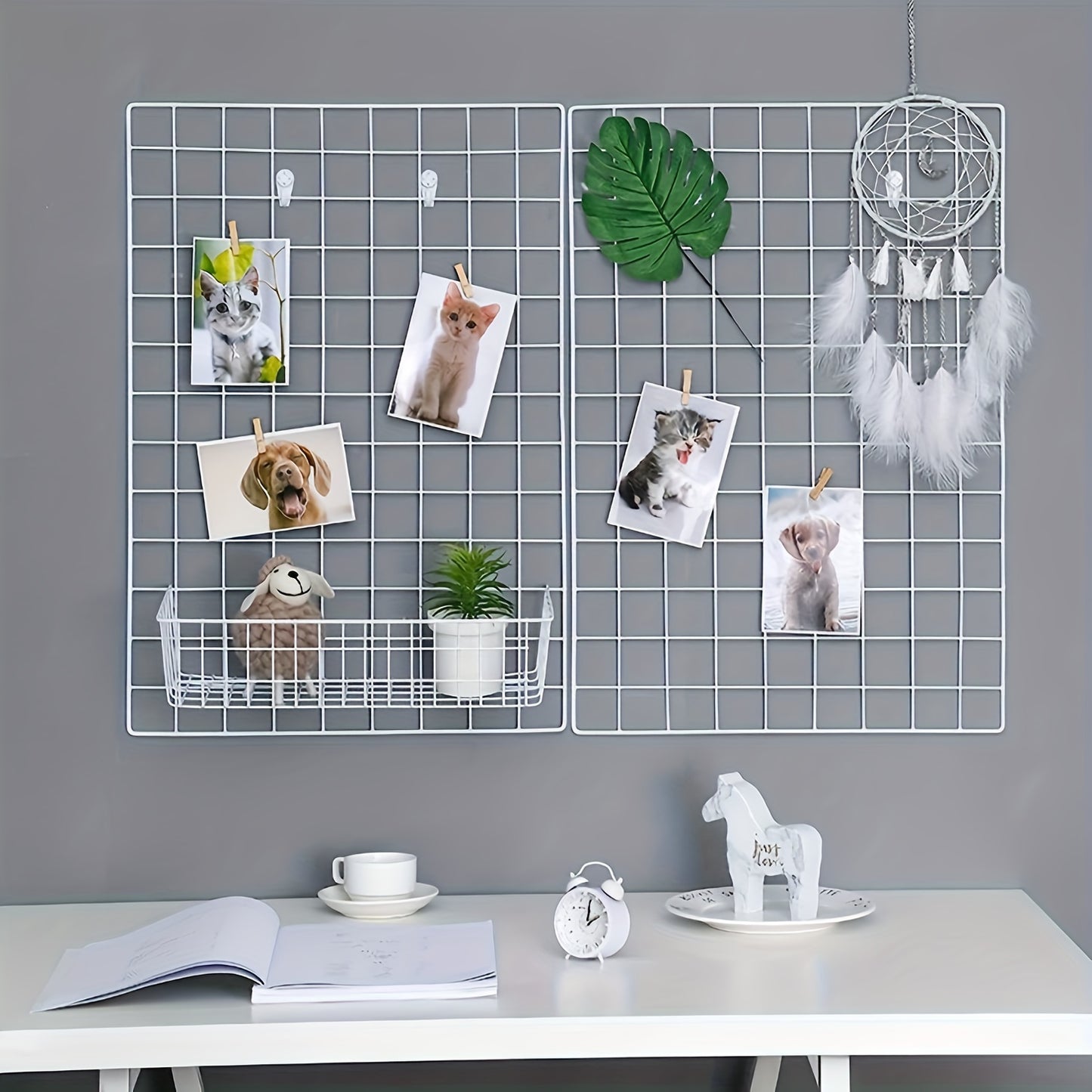 Thick iron mesh photo wall for DIY bedroom art with spare tools.