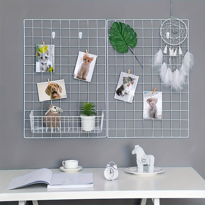 Thick iron mesh photo wall for DIY bedroom art with spare tools.