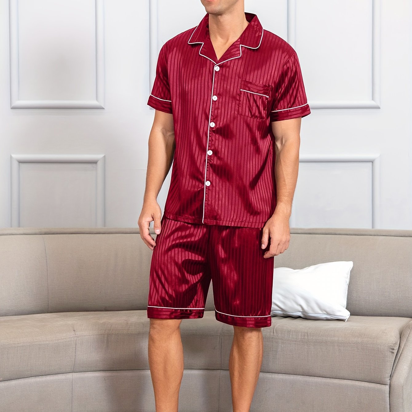 Men's reversible collar pajama set with silky, breathable fabric for summer