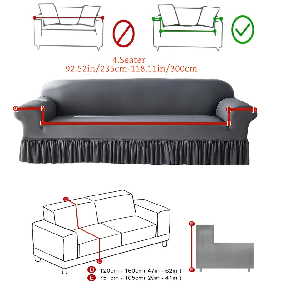 Elastic sofa cover with skirt, universal for all seasons, suitable for living room, office, and home decor.