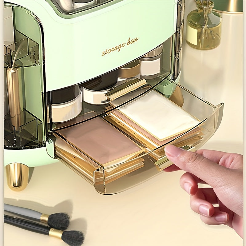 Multi-layer cosmetic organizer with transparent lid for storing jewelry, makeup, and art supplies on bedroom vanity or dresser.