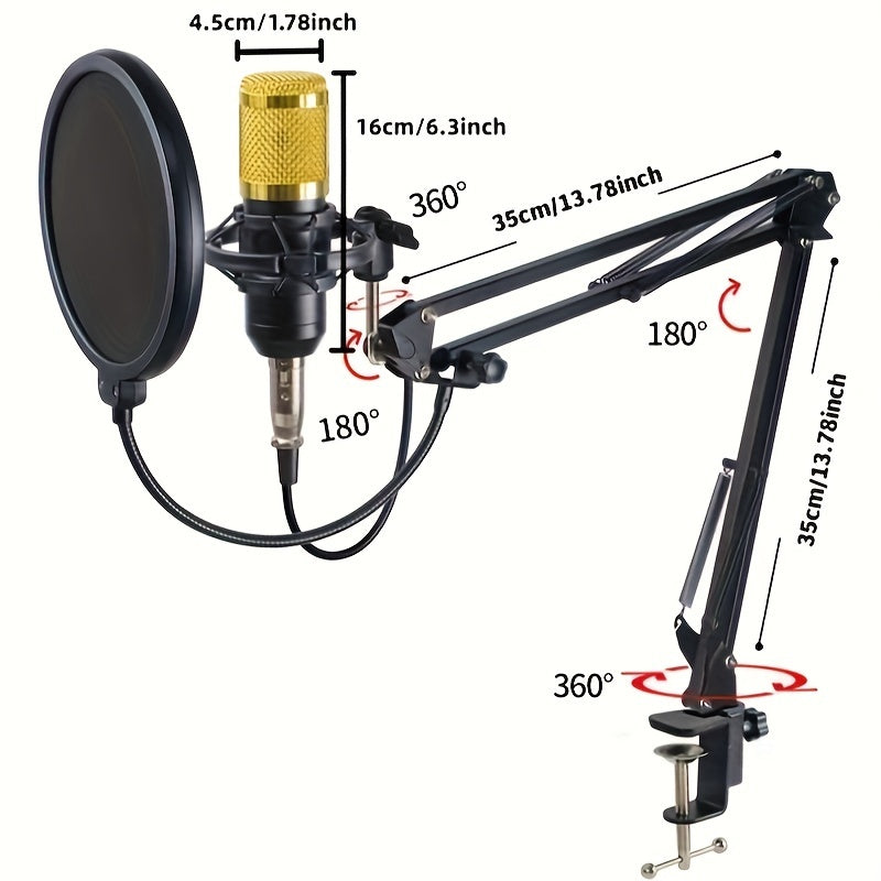 Black and Golden BM-800 Full Metal Microphone Set, USB Powered, 3.5mm Jack, Multi-Purpose Condenser Mic for various uses - Rzosom, Metal Condenser Microphone, Hanging, Anti-spray Net