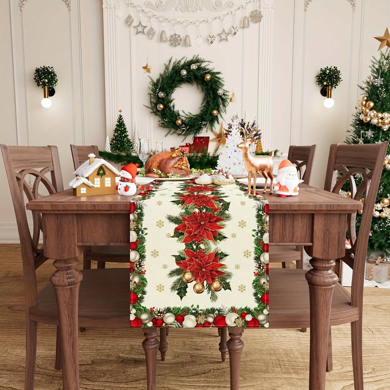 Snowflakes Christmas Linen Table Runner in various sizes for home decoration.