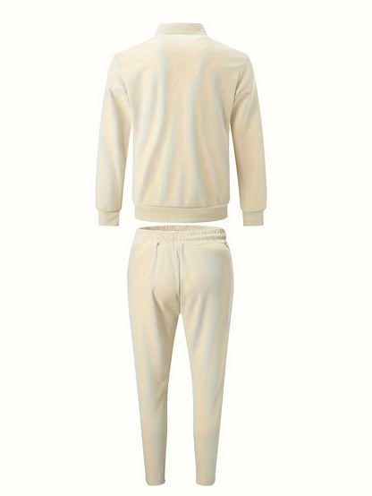 Men's casual waffle knit sweatsuit set with polyester zippered jacket and regular fit pants.