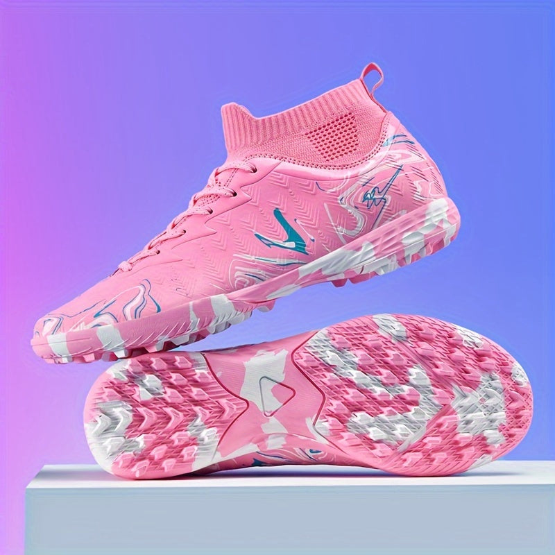 Men's soccer cleats with lace closure, PU upper, fabric inner & insole, and rubber sole for all-season sports activities.