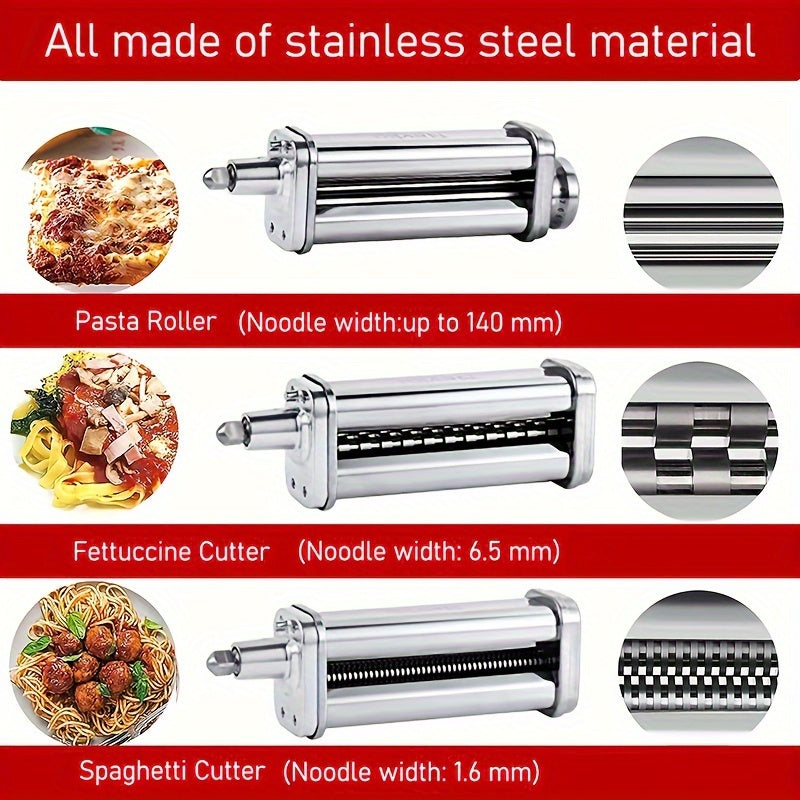 KitchenAid Stand Mixer Compatible Stainless Steel Pasta Roller and Cutter Set - Safe for Food Contact, Includes Sheet Roller and Spaghetti/Fettuccine Cutters, Essential Tools for Homemade Pasta Making in the Kitchen