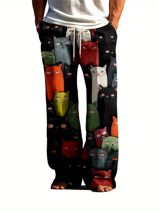 Loose-fitting men's pajama pants with 3D cat print, wide legs, pockets, and breathable polyester.