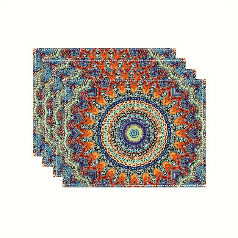 4 Mandala-style placemats with a Persian Bohemian design, heat resistant and washable, suitable for home and restaurant use.