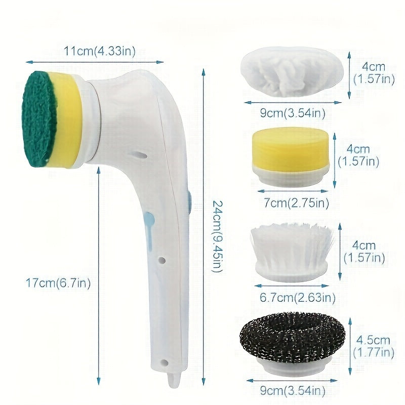 A cordless handheld cleaning brush with 5 interchangeable brush heads for use in bathrooms and kitchens.