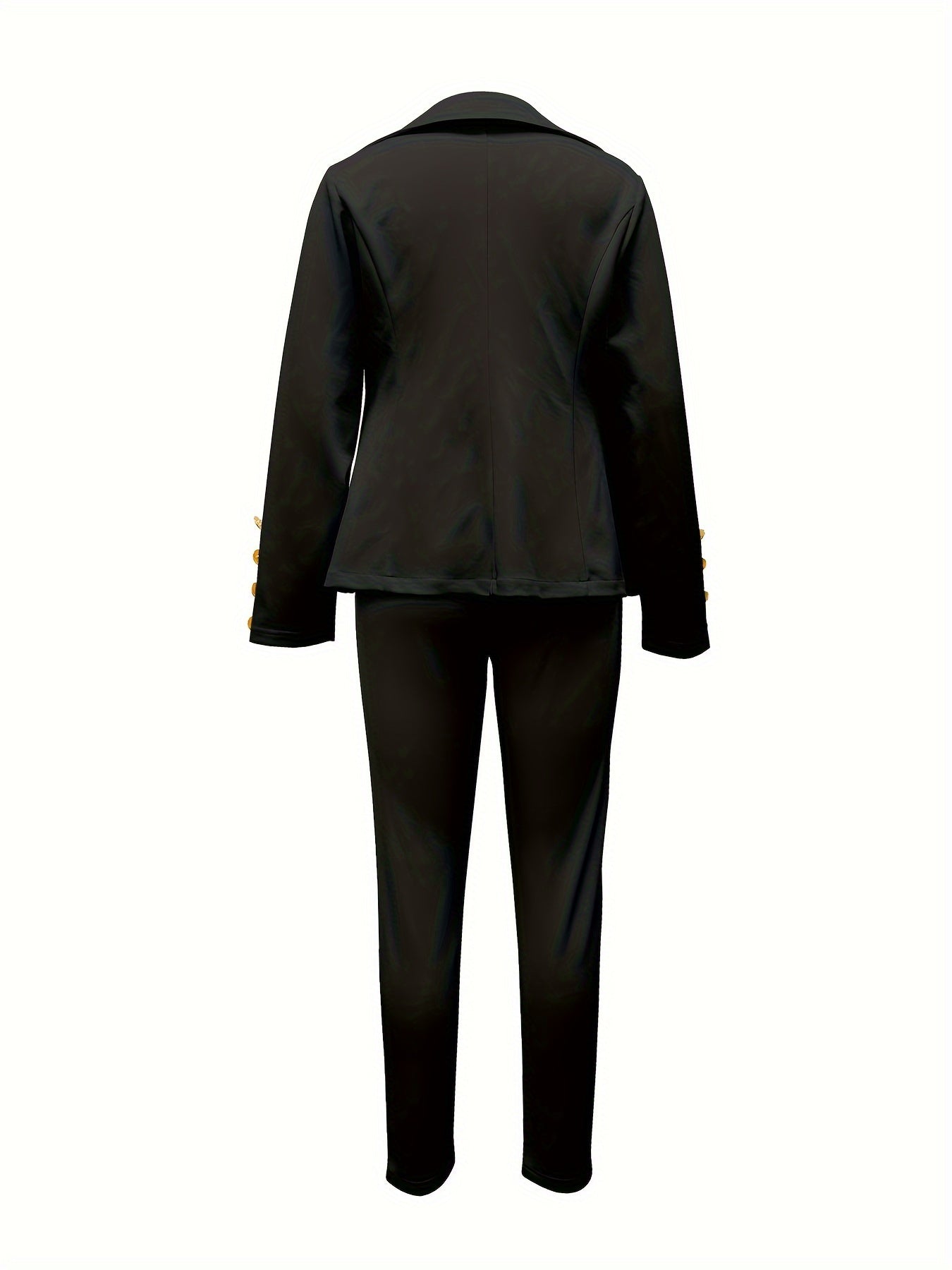 Women's business casual two-piece set featuring a double-breasted blazer with lapels and slim pants.