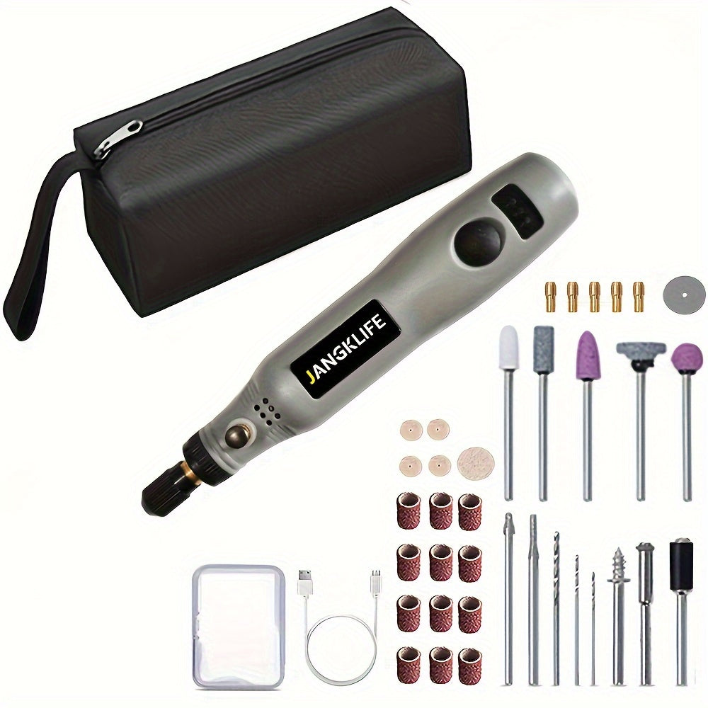 Rechargeable engraving pen with cordless rotary tool and adjustable speed for carving, ideal for portable wood engraving, sanding, and polishing.