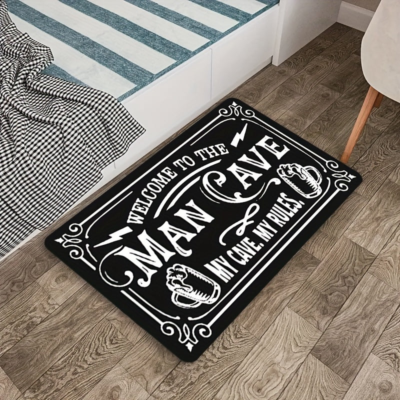 Rectangular "Welcome to the Man Cave" Door Mat - Perfect for Christmas, Halloween, Easter, Hanukkah, Thanksgiving Decor. Made of Polyester, Machine Washable, Non-Slip, Indoor Entrance Bath Rug - Ideal for Home Kitchen Decor. 1pc.