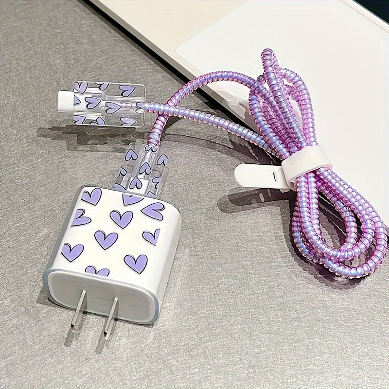 5pcs Heart Design Charger Protective Case for iPhone 20w 14 Pro Max/13/12/11 Charger and Data Cable Protection Set