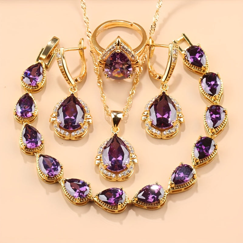 Exquisite 5-Piece Teardrop Jewelry Set including Earrings, Necklace, Pendant, and Ring - Crafted with Synthetic Stones, 18K Gold Plated Copper adorned with Zirconia - Ideal for Everyday Wear and Special Occasions like Weddings, Thanksgiving - A