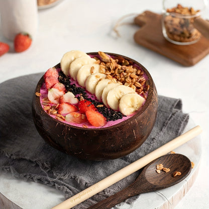 one set of 4: two coconut bowls, two wooden spoons, ideal for healthy vegetarian salads and ice cream, made from natural coconut.