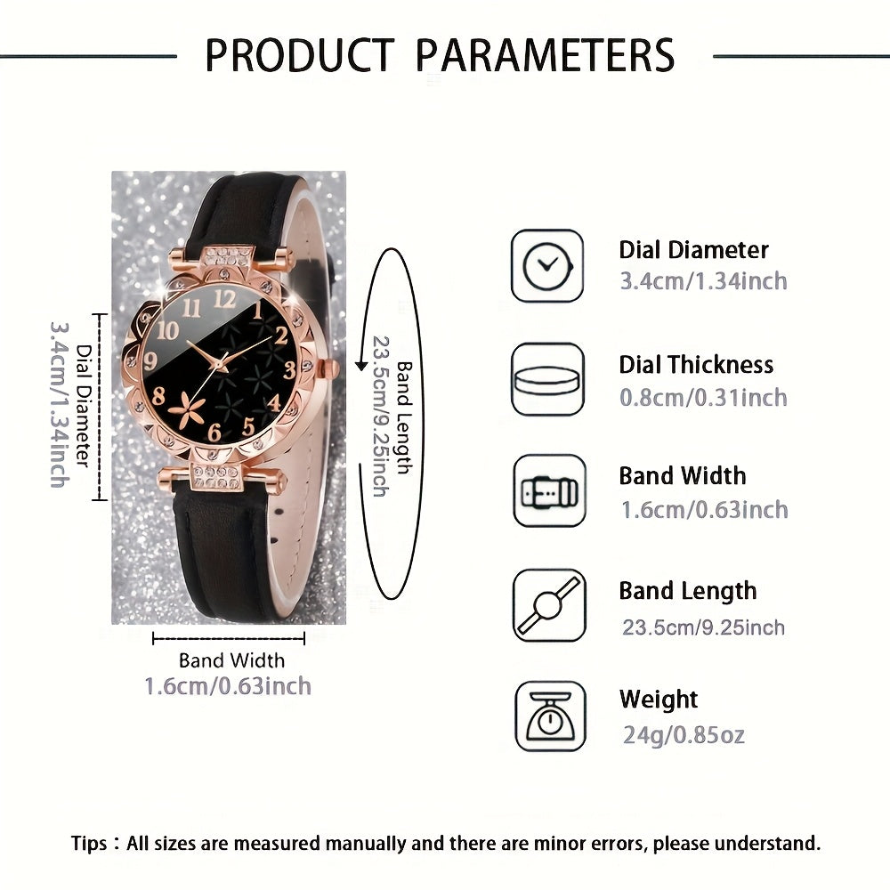 3-piece women's quartz watch set with rhinestone heart dial, PU leather strap, and fashionable design - perfect gift for girlfriend or mother.