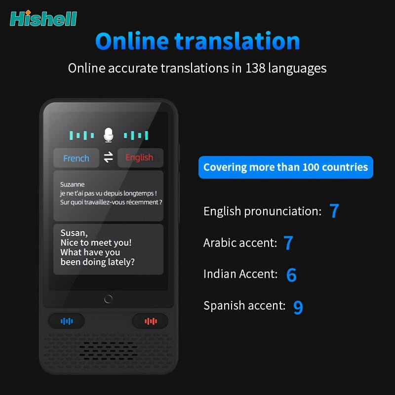 Two-way real-time voice translator with offline support for 138 languages and a 8.99cm HD touch screen. Ideal for travel, business, and study.