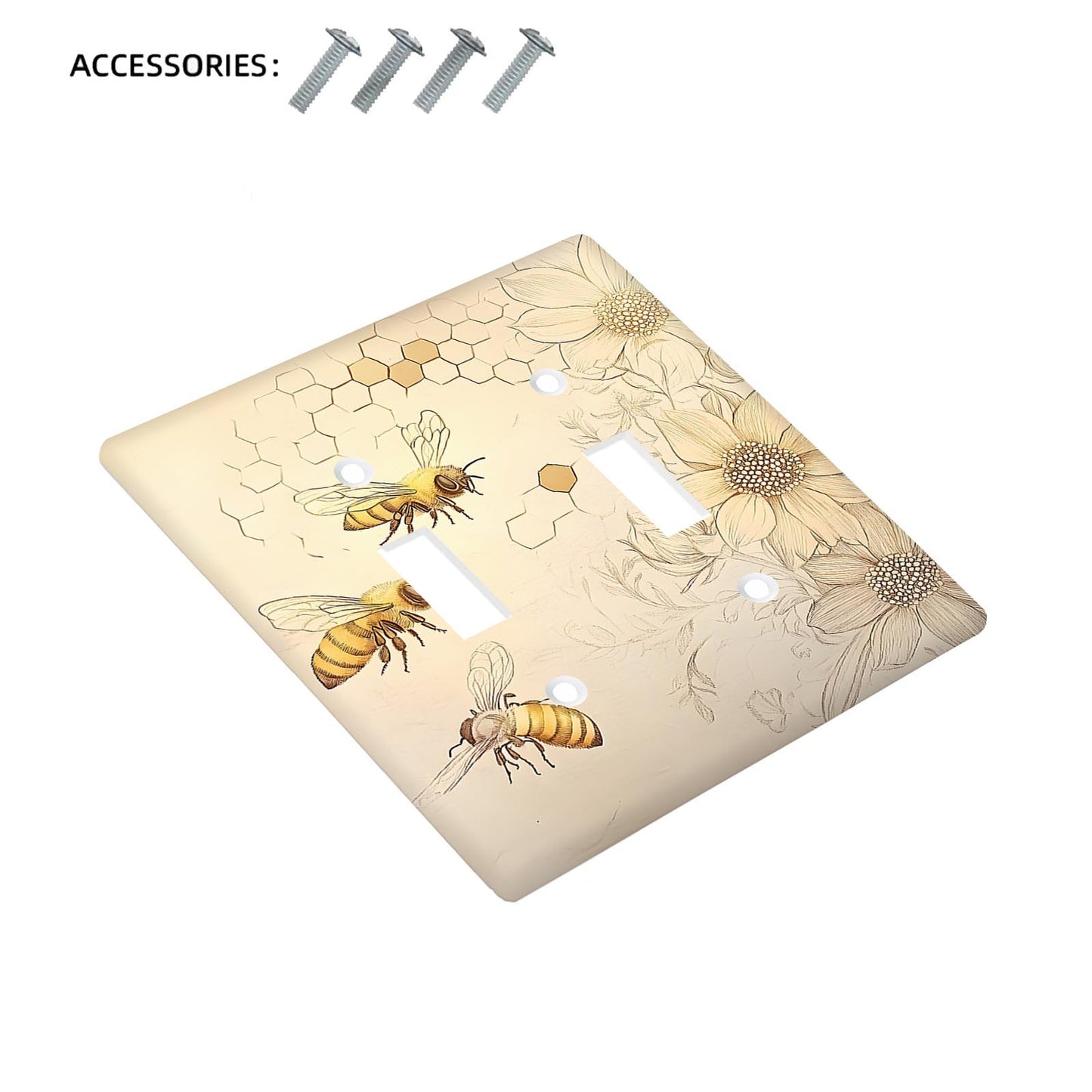 One sunflower and bee decorative wall plate for single toggle light switch and outlet cover, nature-inspired design for home, office, and hotel decor. Available in 1 or 2 gang configurations for power outlets and kitchen use.