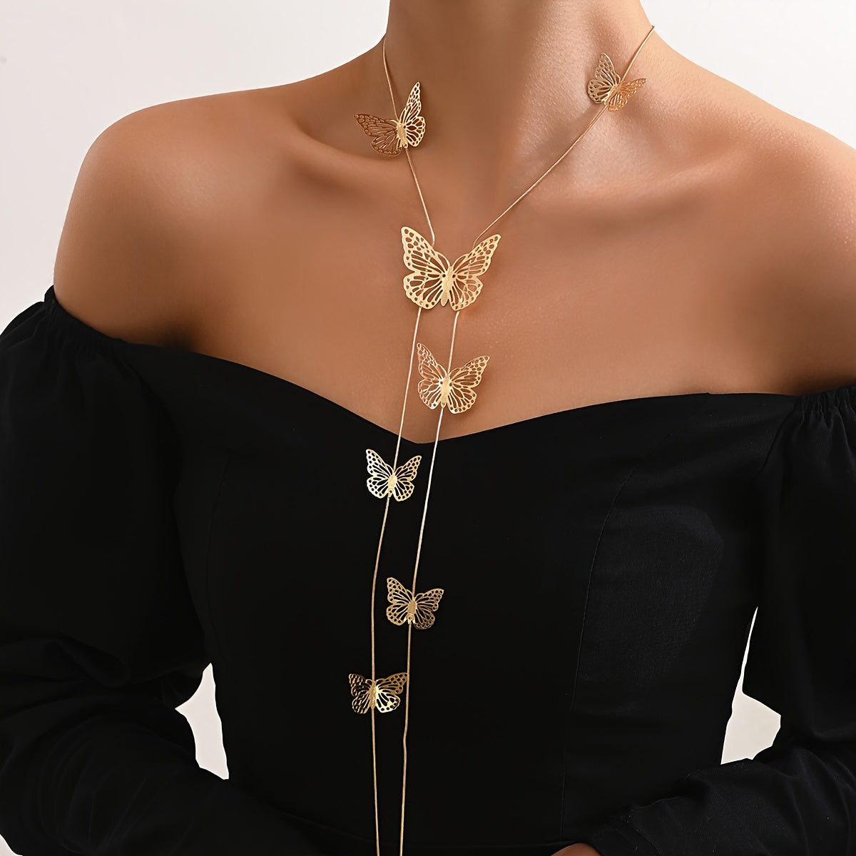 Fashionable Minimalist Style Pendant Necklace with Elegant V-Shape Irregular Butterfly Tassel, Golden Jewelry for Women - 1 Piece