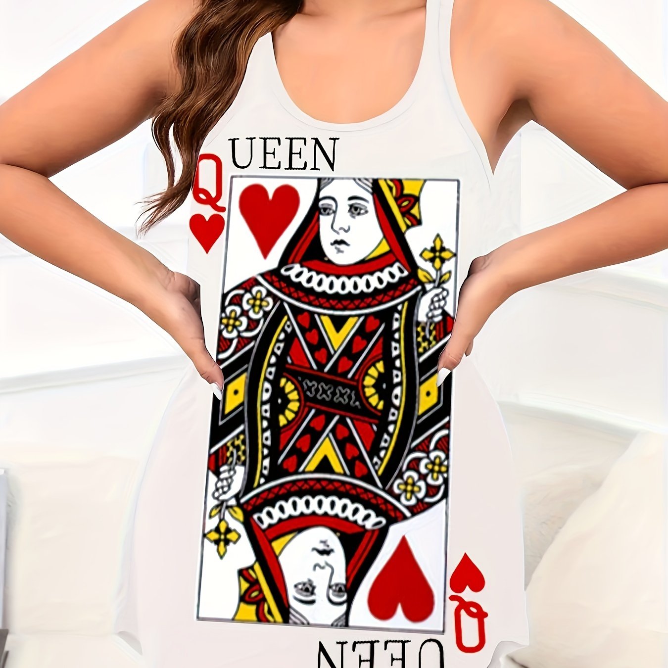 Women's casual poker print nightgown with round neck and racer back tank style - perfect for sleepwear.