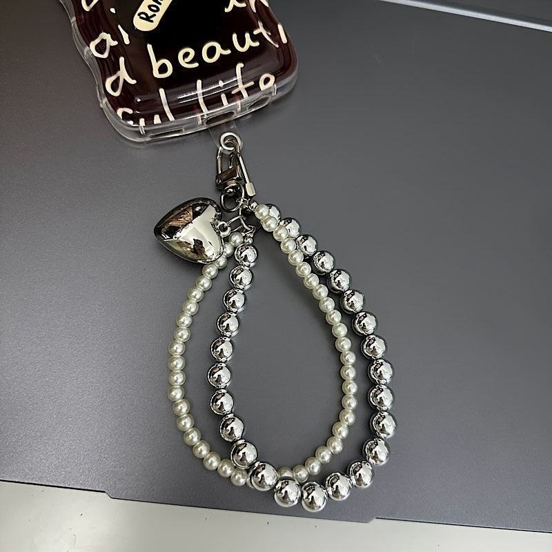 Korean INS Style Resin Pearl & Silvery Beaded Double Chain Heart Pendant Keychain featuring a round shape design. Includes lipstick bag tool and has a love theme. Perfect professional decorative carabiner for Valentine's Day.