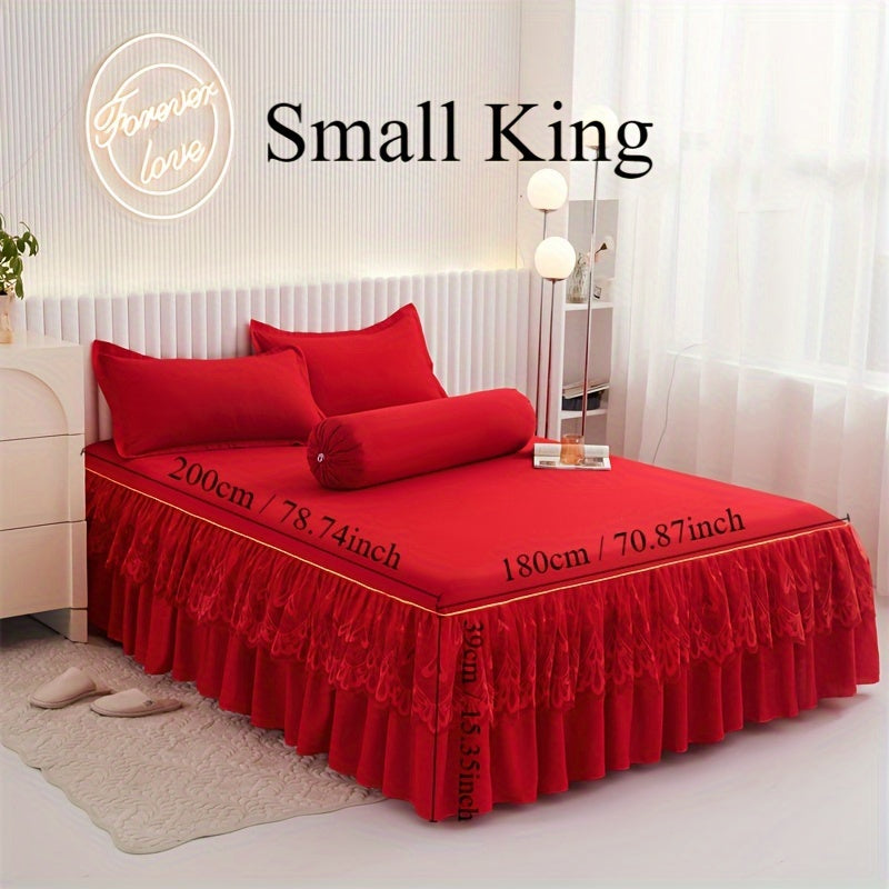 Chic 3-Piece Bed Skirt Set Featuring Double Layer Lace - Comes with 1 Bed Skirt and 2 Pillowcases, in a Solid Color. Non-Slip and Perfect for All Seasons, this Set is Machine Washable for easy care.