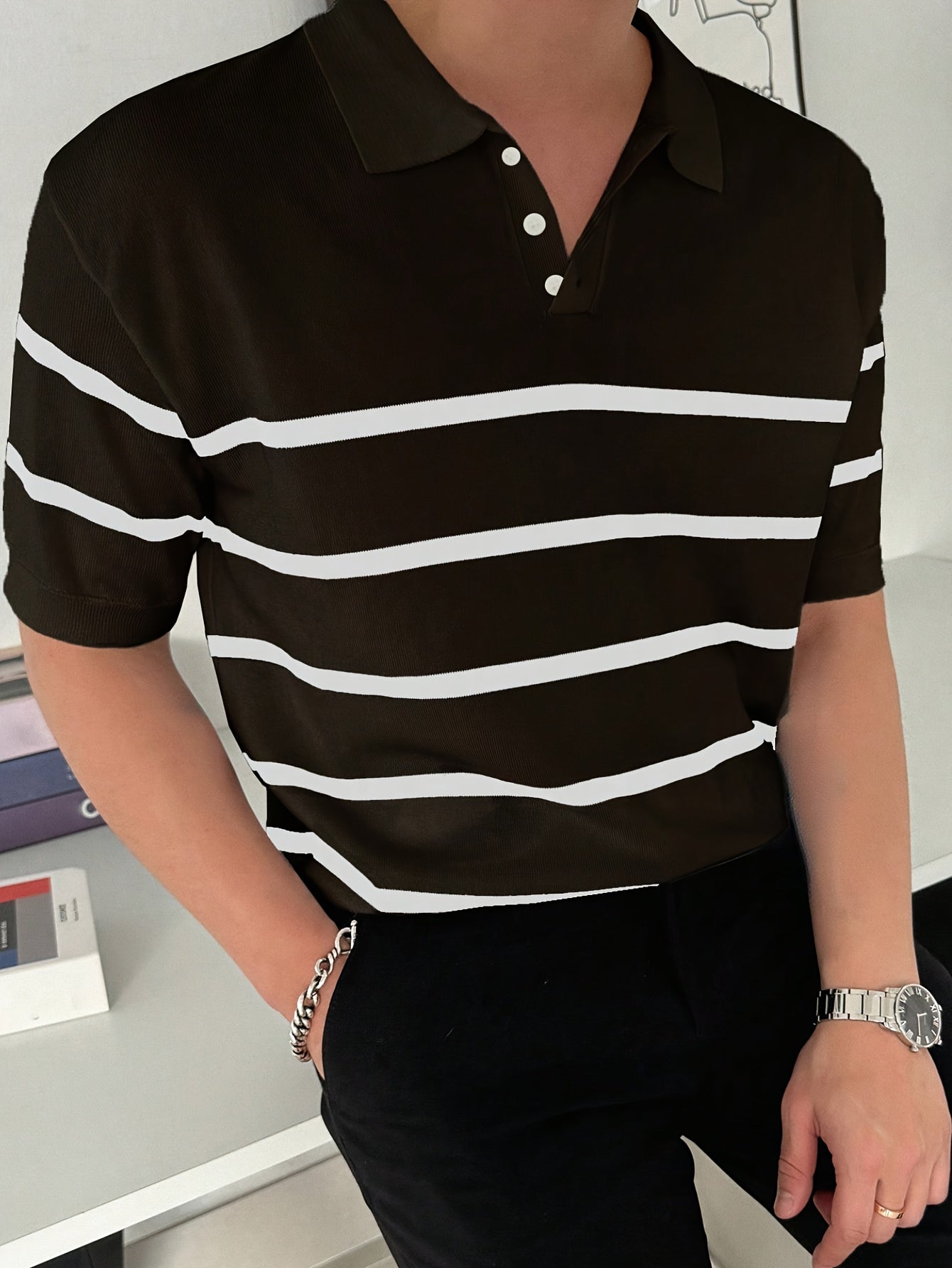 Men's Casual Striped Knit Shirt-Short Sleeve, Lightweight Spring/Summer Collection, Machine Washable, Viscose/Polyester Blend, White with Black Stripes