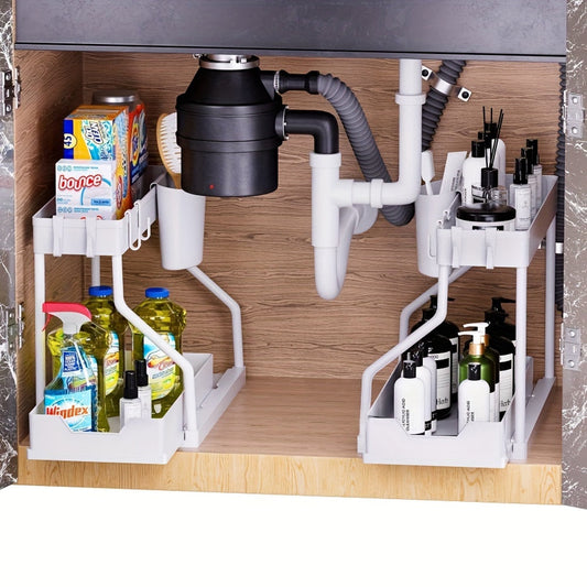 Introducing the Expandable Under Sink Organizer - a 2 Tier Pull-Out Storage Rack with Hooks and Hanging Cup. This multifunctional shelving unit is adjustable and perfect for the kitchen and bathroom. Say goodbye to clutter and hello to organized living