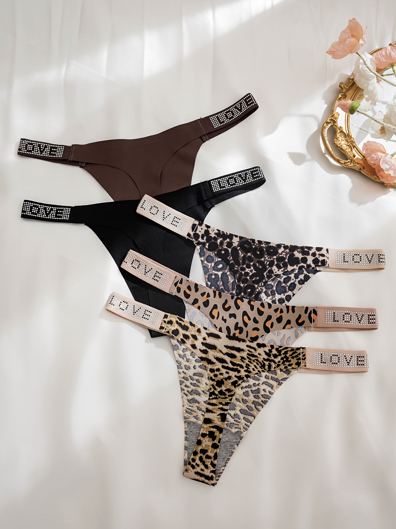 5pcs Rhinestone Leopard Tape Low Waist Thongs: Comfy and Stretchy Women's Intimates