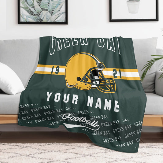 Personalized Green Bay Team Throw Blanket: Add Your Name, Easy to Clean, Soft Polyester Material, Ideal for Year-Round Comfort, Great for Travel or Home, Ideal Gift for Sports Fans