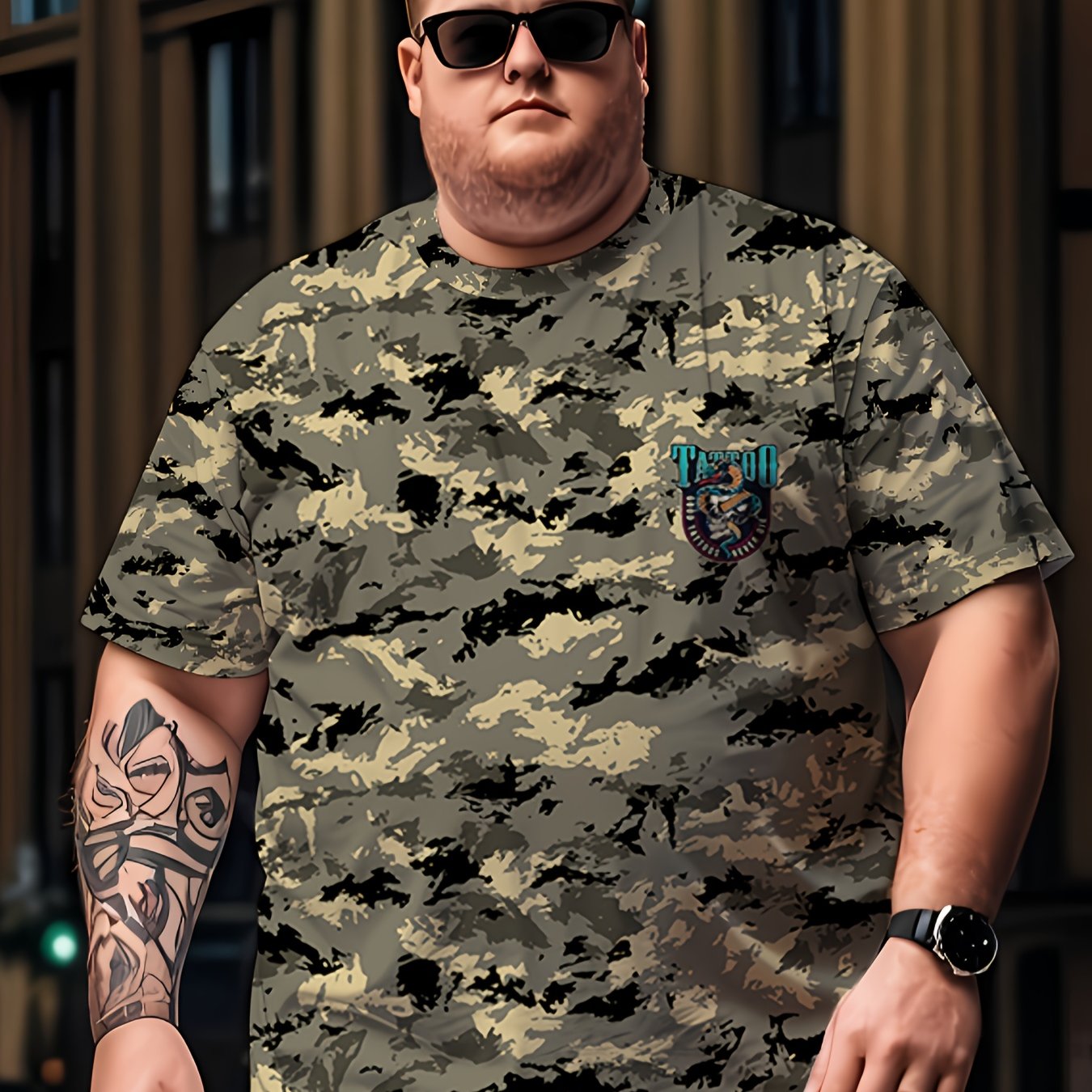 Regular fit camo print tee for plus size men with tattoo art design, suitable for casual, sports, and party wear.