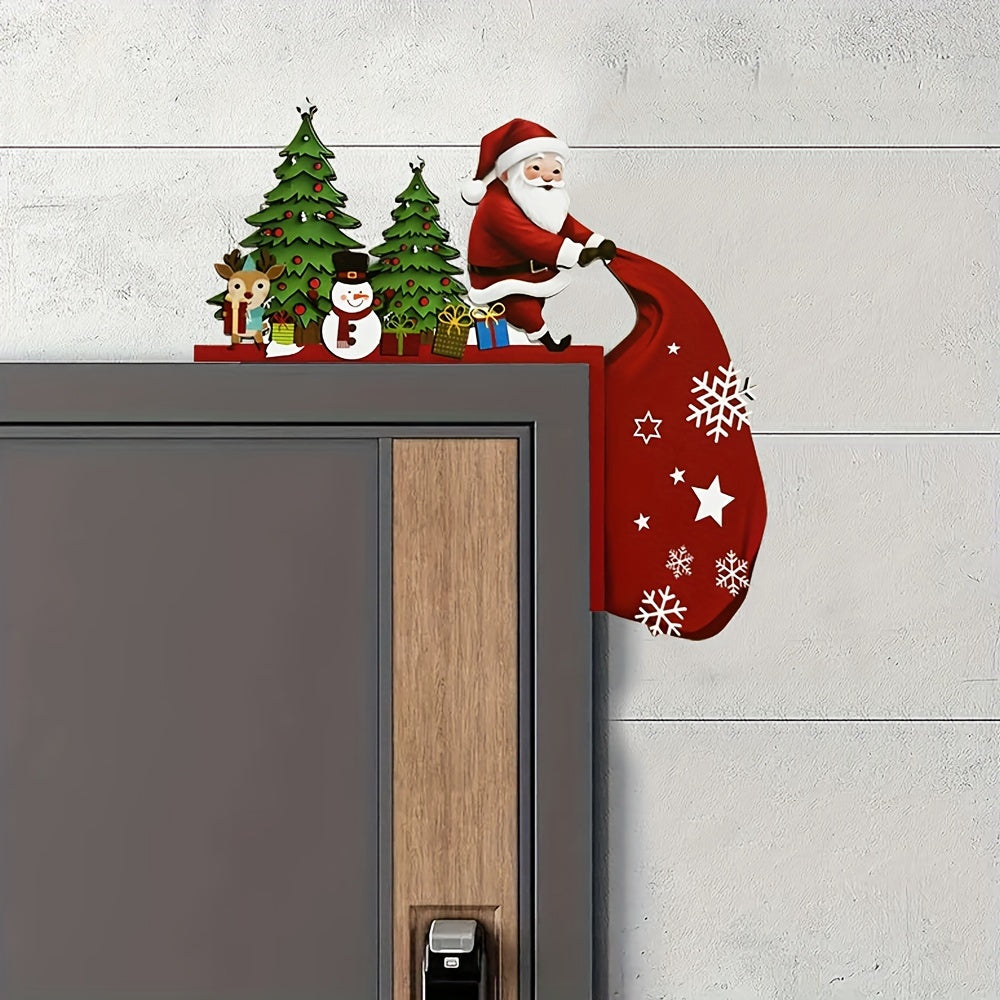 Rustic Christmas door decoration featuring Santa Claus, Snowman, and Reindeer. Perfect for indoor spaces, no electricity required. Great holiday gift idea.