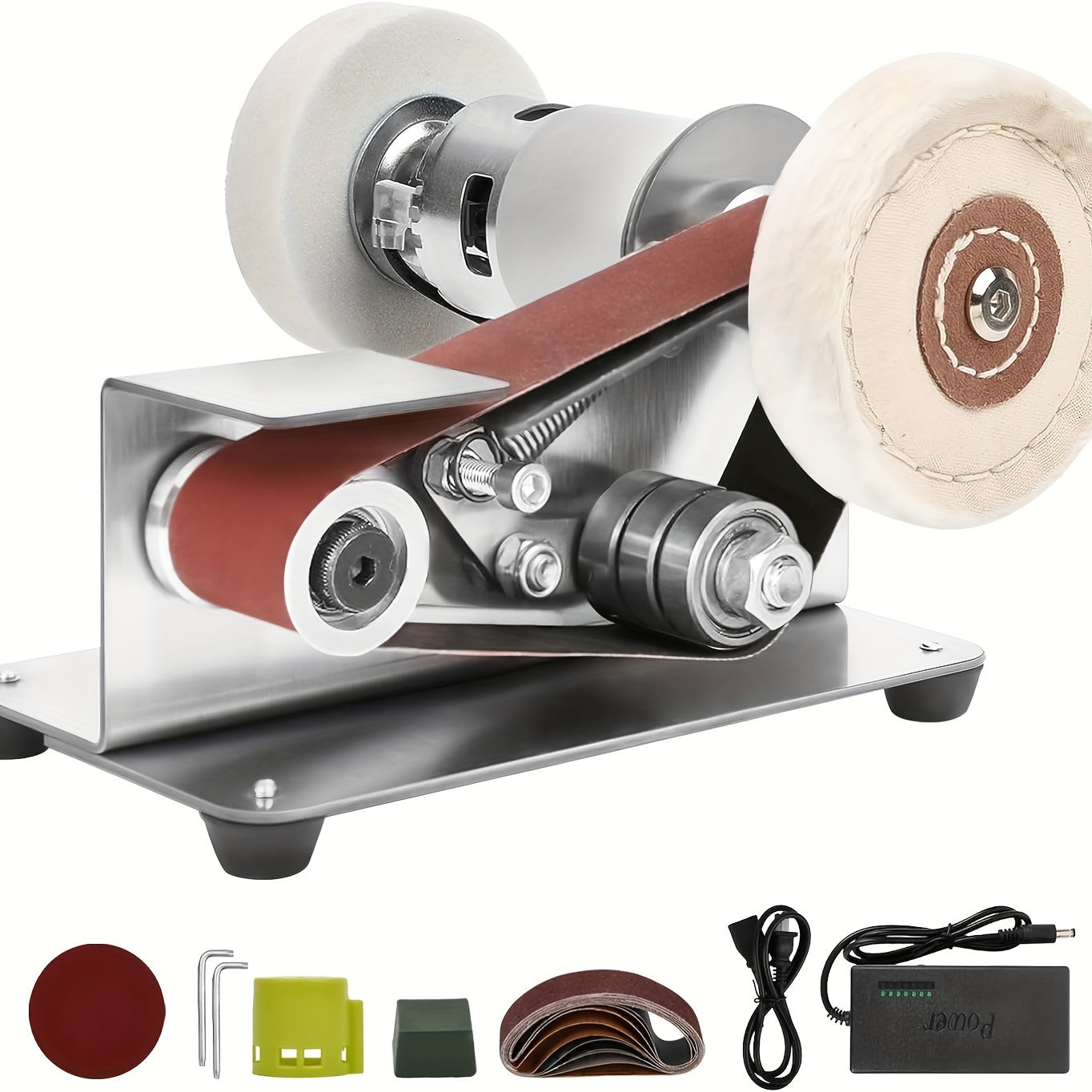 Mini belt sander with 7 adjustable speeds for sharpening knives and grinding metal and wood.