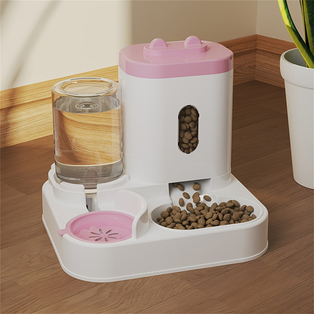 Dual bowl ergonomic cat feeder and water dispenser set made of plastic for cats, featuring automatic food and water feeding for neck-friendly use.