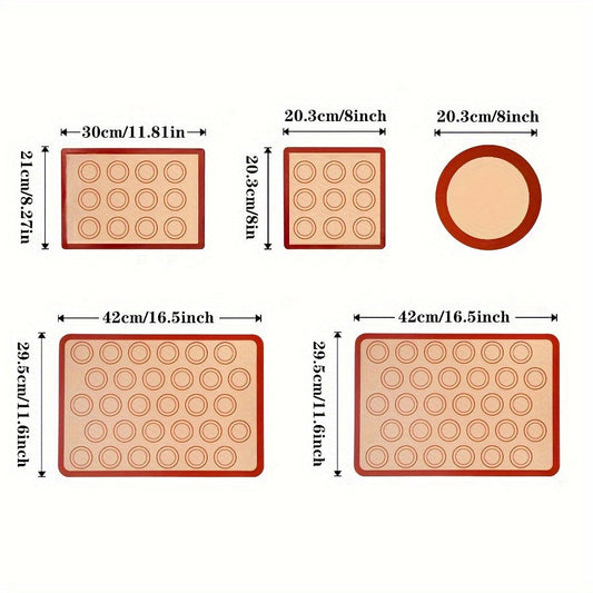 A set of five silicone baking mats, designed to be heat-resistant and non-stick. These reusable tray mats are easy to wash and clean, perfect for baking macarons, cakes, cookies, and pizza. Essential tools for any kitchen baker.