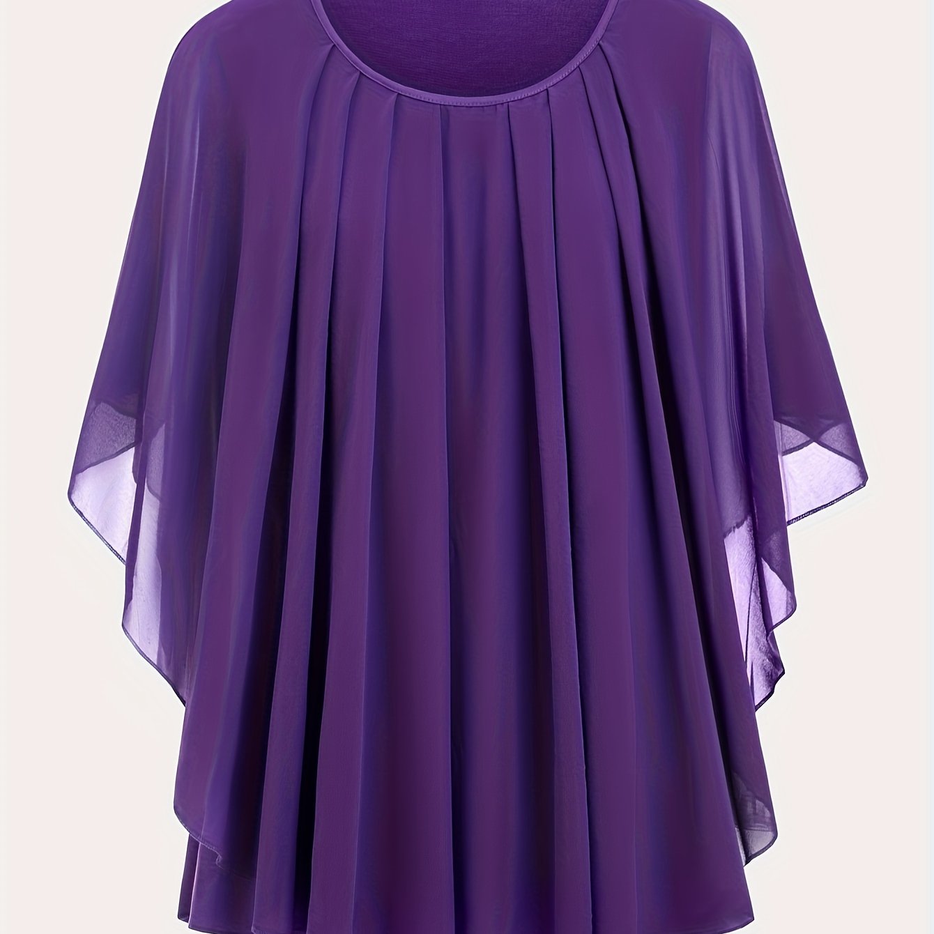 Solid pleated top with crew neck and batwing sleeves, perfect for spring and summer in plus sizes.