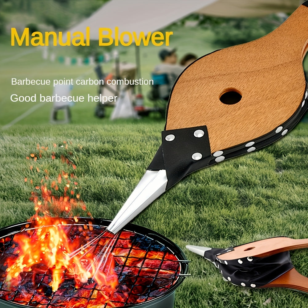 Handcrafted Wooden Handheld Blower with Extended Handle and Durable Metal Nozzle, Fireplace Pump for BBQ Grill, Camping, Wood Stove, and Outdoor Cooking Essentials.