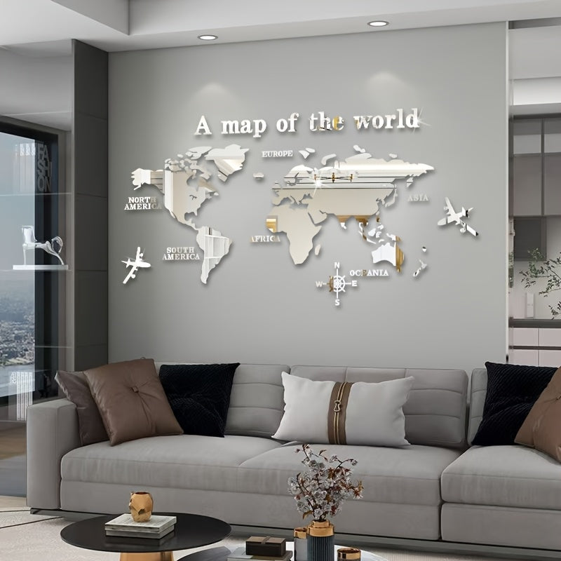 Bohemian style acrylic wall decor featuring "A Map of the World" with airplane and compass rose design. 1mm thick with adhesive backing. Ideal for classrooms, offices, bedrooms, and living