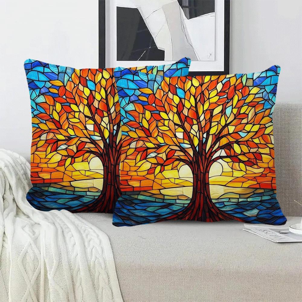 Two pieces of Autumn Tree of Life plush pillow covers measuring 45.72x45.72cm - Suitable for use on sofa, bedroom, and outdoor spaces. Features zip closure and is machine washable.