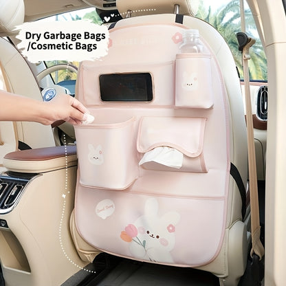 Car Seat Back Storage Bag with Cute Cartoon Design, Multifunctional Protection Pad.