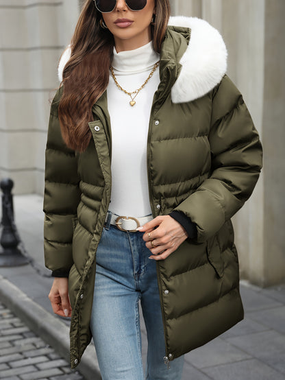 Women's casual hooded puffer jacket in solid color, with long sleeves, regular length, and non-stretch polyester. Features a zipper detail, placket closure, and H-fit for fall/winter.