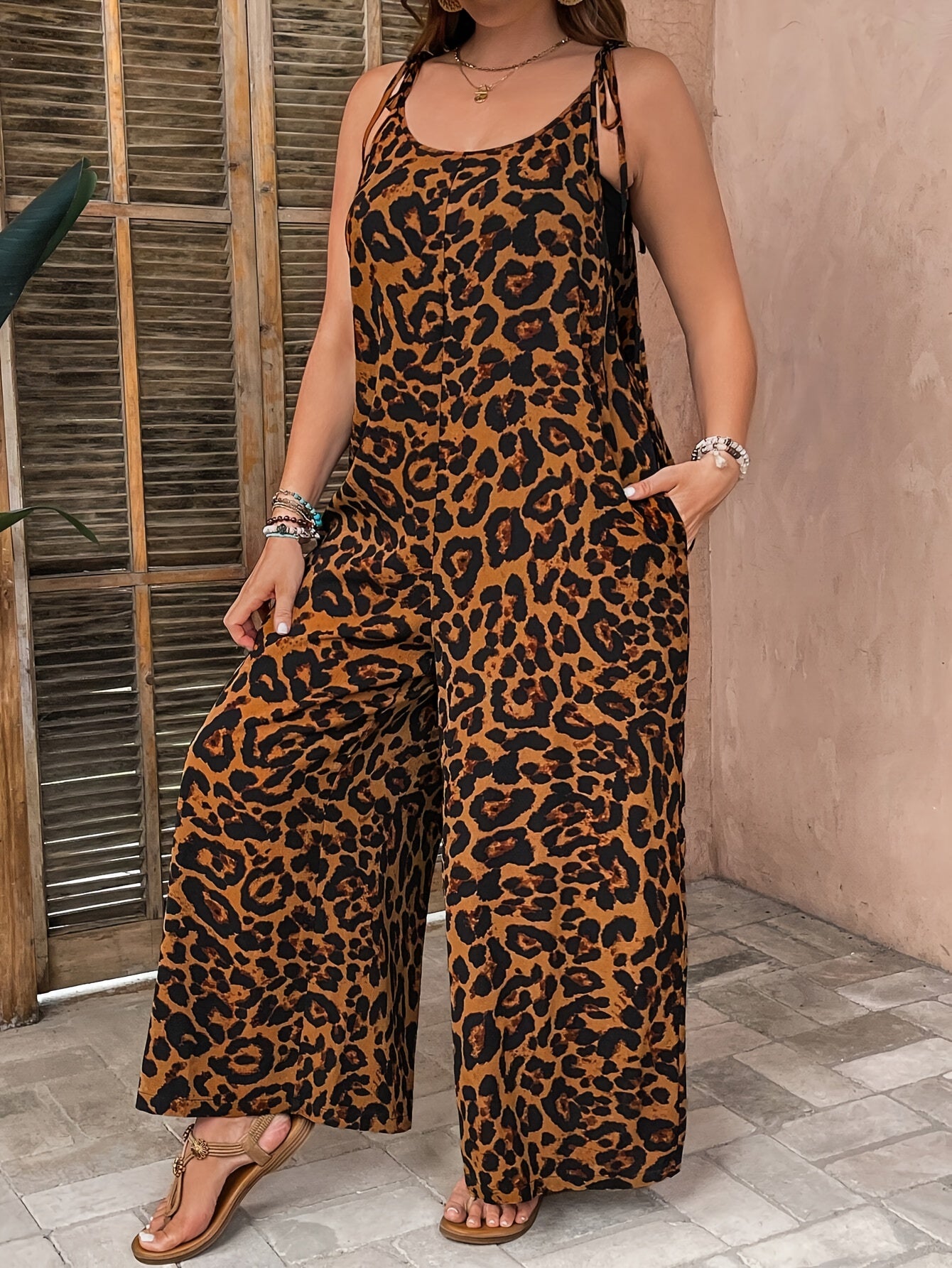 Plus Size Leopard Print Jumpsuit - Scoop neck, knit fabric with stretch, 100% polyester, all-season with pockets, 165 g/m².