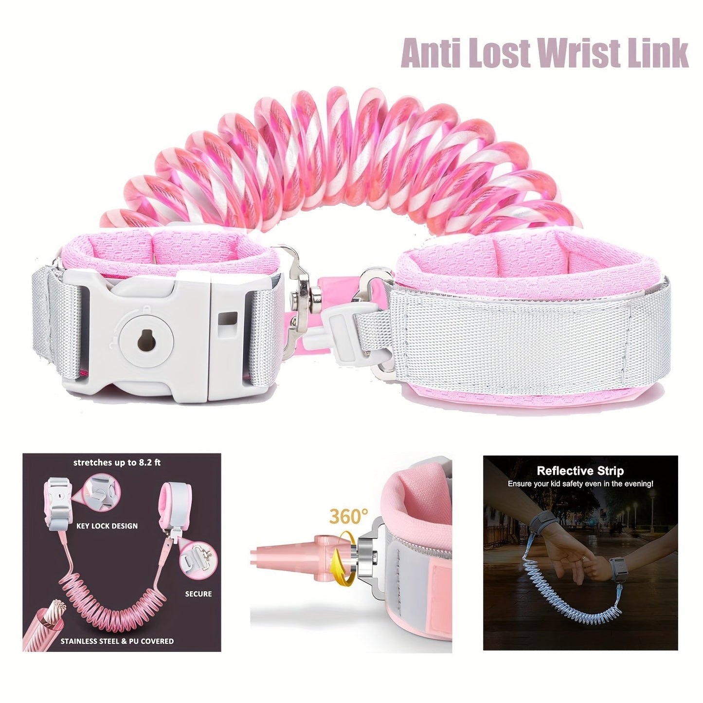 Youngsters Safety Leash: Reflective Anti-Lost Wrist Link with Key Lock & Whistle, Faux Leather, Perfect for Kids - Pink, Walking Safety Wristband Rope, Ideal Gift for Halloween, Thanksgiving, Christmas - 1pc