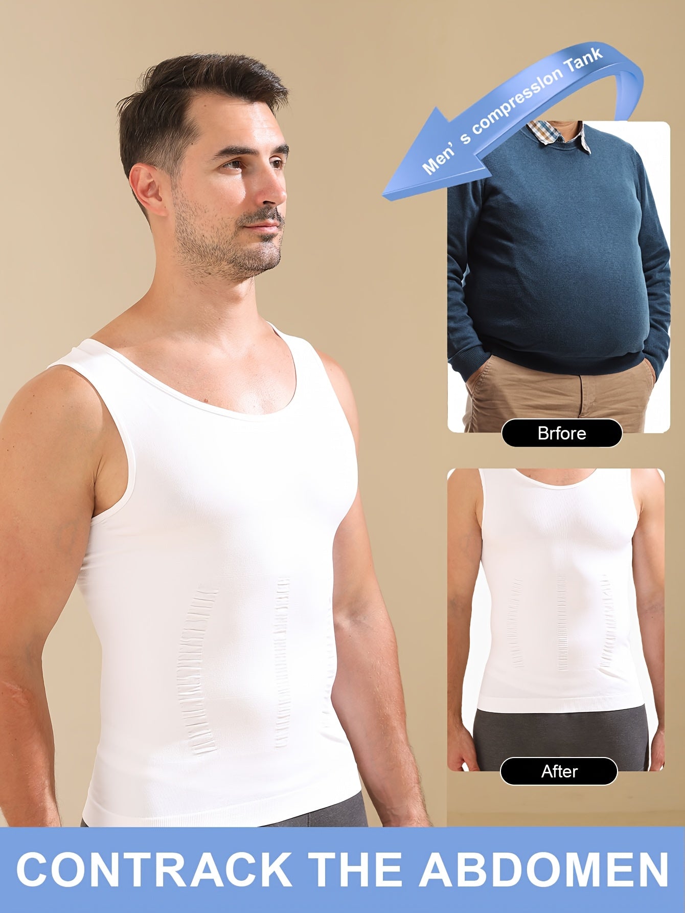 Men's body shaping tank top with breathable fabric, wide shoulder straps, designed to slim waist and chest.