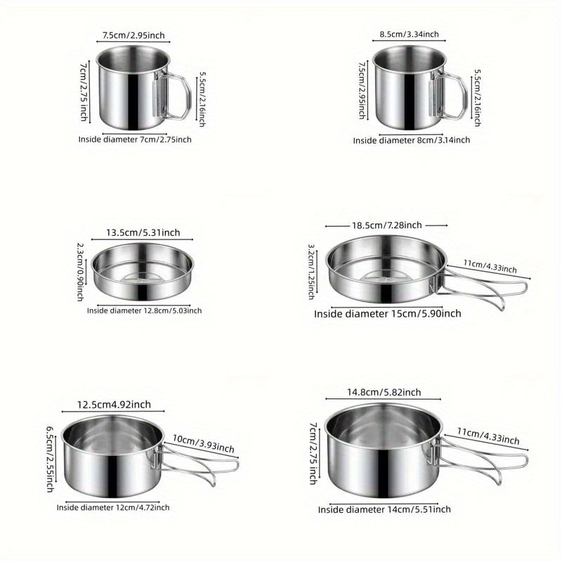 A complete set of 6 stainless steel outdoor cookware pieces for camping and picnics. This set includes a versatile multi-use board, 2 folding pots, a frying pan, and cups, all packed neatly in a storage bag. Rust-proof and portable for easy cooking