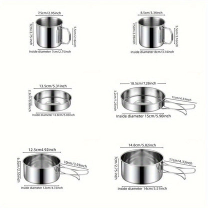 A complete set of 6 stainless steel outdoor cookware pieces for camping and picnics. This set includes a versatile multi-use board, 2 folding pots, a frying pan, and cups, all packed neatly in a storage bag. Rust-proof and portable for easy cooking