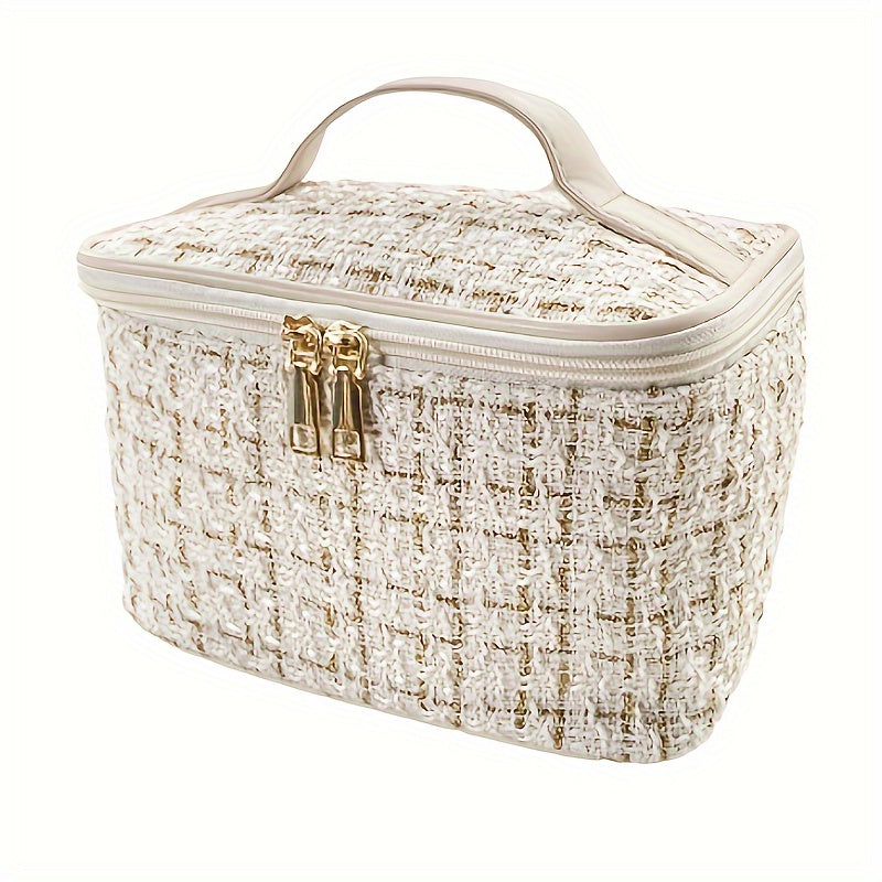 Stylish plaid cosmetic bag with dual compartments in multiple colors, made of polyester, can be hand washed or dry cleaned for travel toiletries.