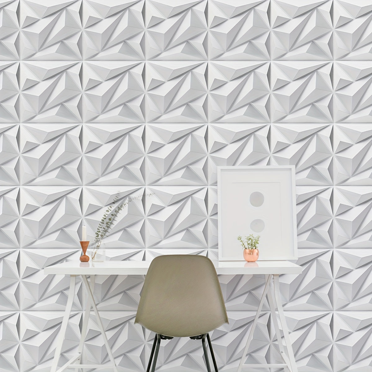 33 PVC 3D Diamond Wall Panels measuring 11.7" x 11.7" for interior wall decor in various rooms and settings.